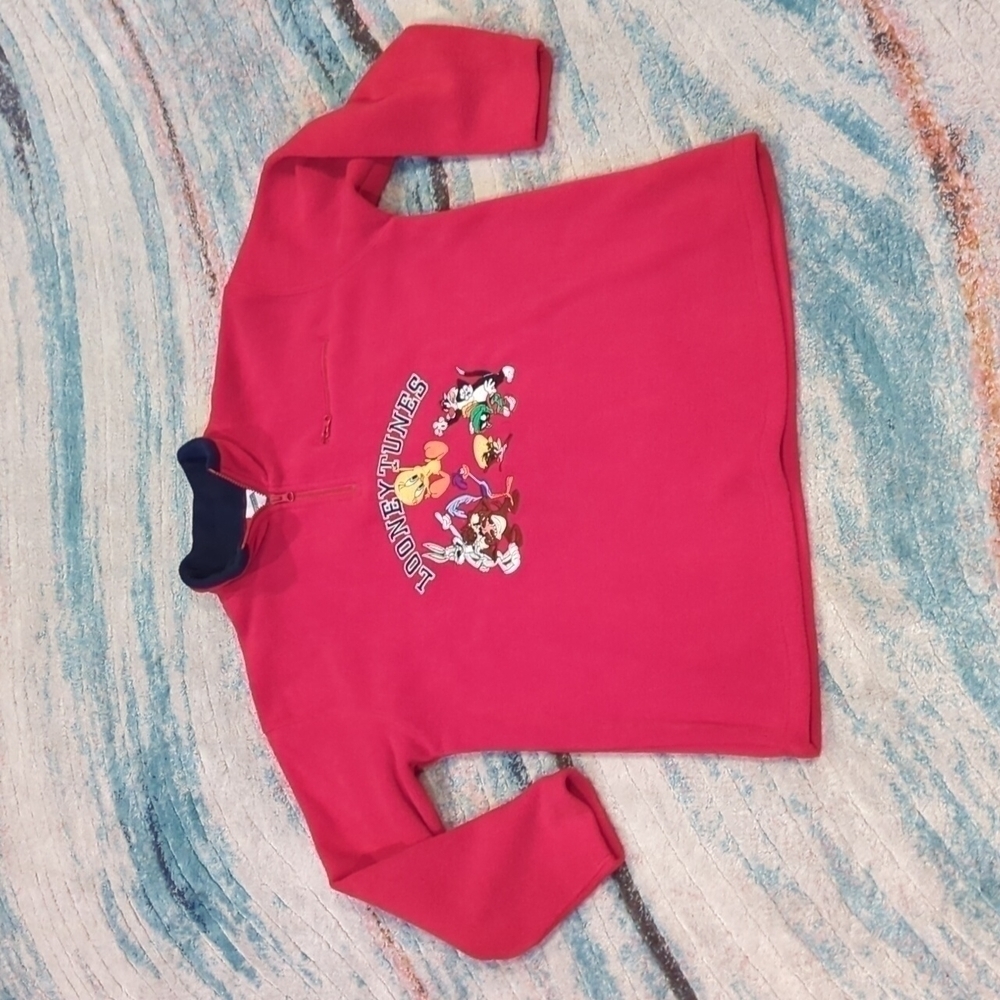2000's Y2K Looney Tunes Vintage Warner Bros Studio Store Qtr Zip Fleece Red - Picture 7 of 13